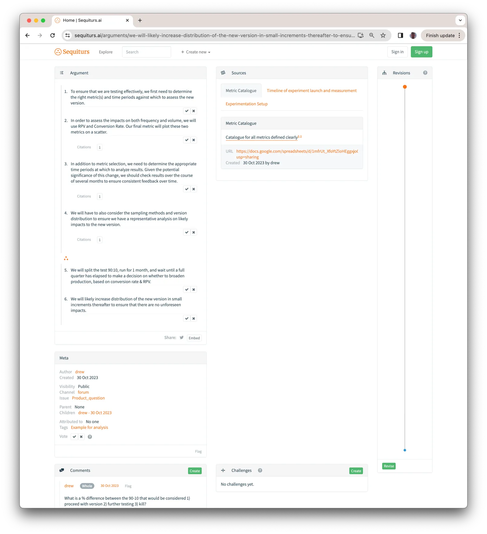 A Sequiturs argument laying out a plan for testing a new product version, with sources, revisions, comments, and challenges panels